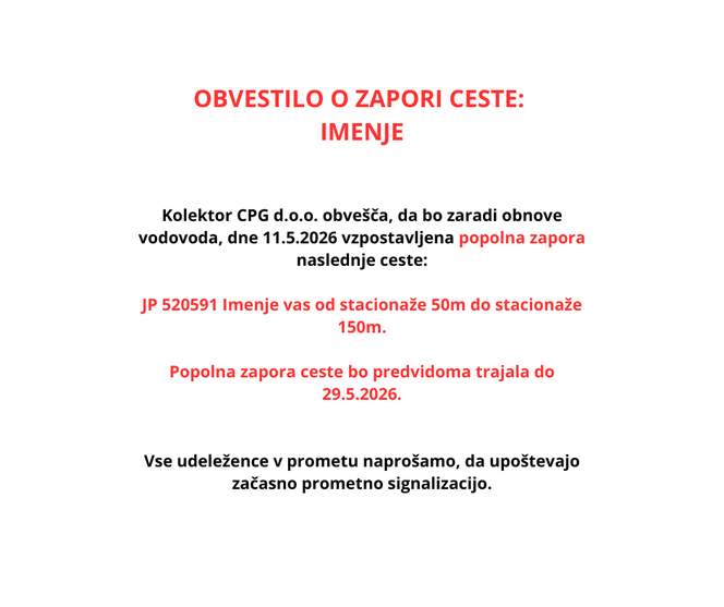 Obvestilo o zapori ceste v vasi Imenje