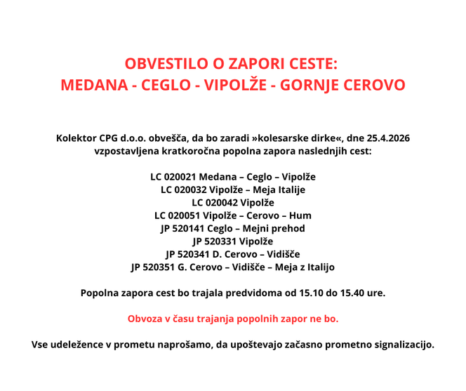 Obvestilo o zapori ceste